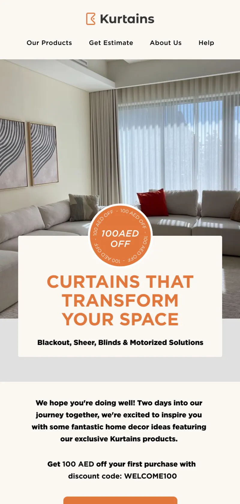 Welcome email offering a first-order discount on made-to-measure curtains and blinds