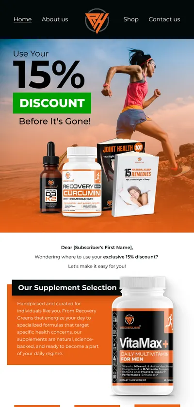 Discount reminder email for a supplements range, with a curated product selection