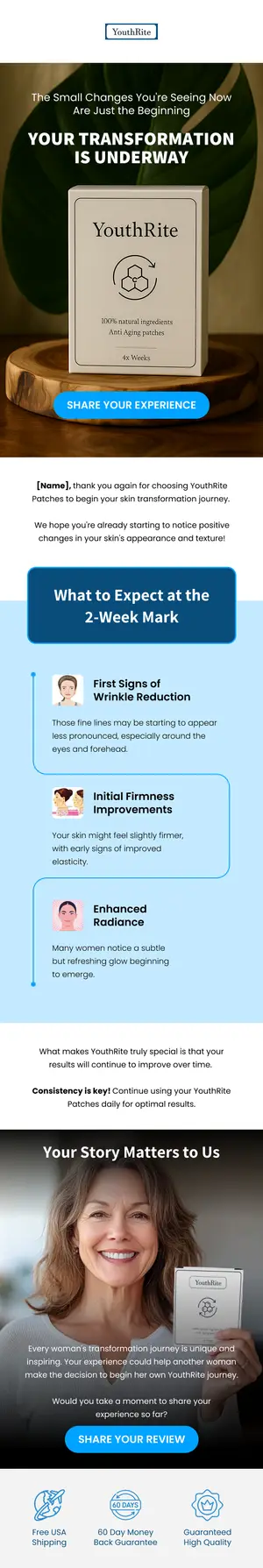 Post-purchase check-in email on an anti-ageing patch course, with a two-week progress guide