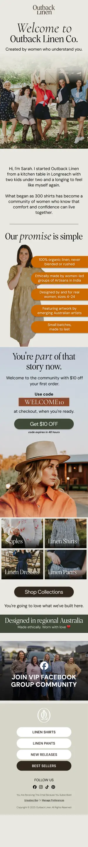 Welcome email introducing a women's linen clothing label and its founder