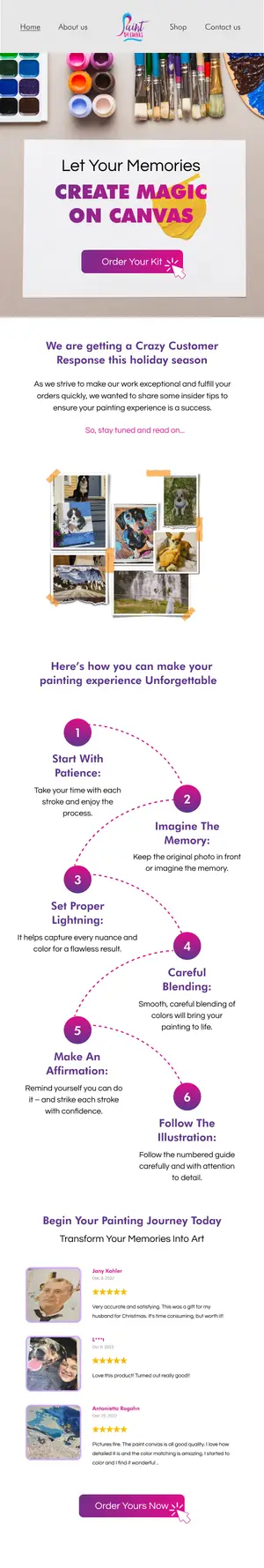 Seasonal campaign email for custom canvas painting kits, with painting tips