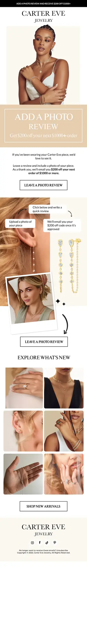Photo review request email for a jewellery brand, offering credit on a future order