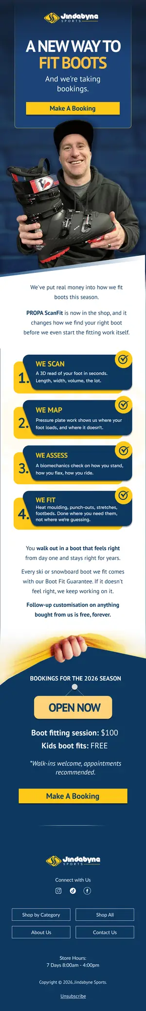 Campaign email announcing a 3D boot fitting service, with a booking link