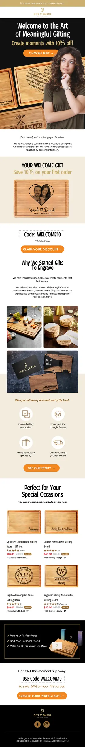 Welcome email for a personalised engraved gifts shop, with a first-order discount code