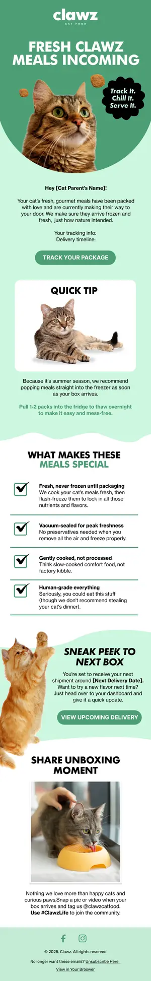 Shipping confirmation email for a fresh cat food subscription, with a storage tip