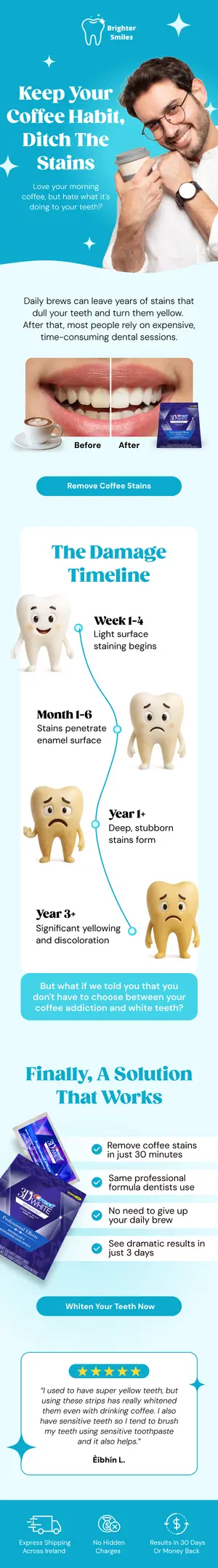 Educational email on coffee staining and teeth whitening, with a before and after