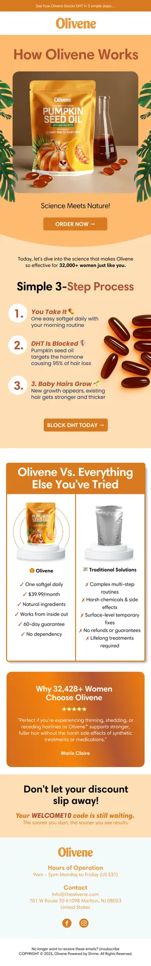 Educational email explaining how a hair supplement works, in three steps